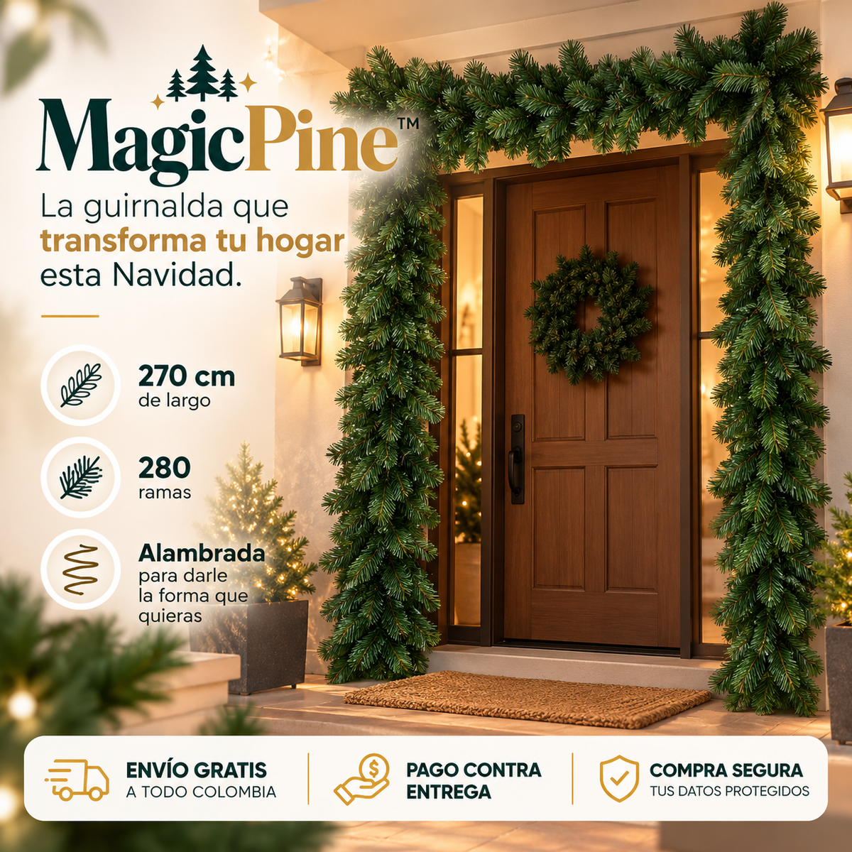 MagicPine™ | Guirnalda Navideña Frondosa de 2,7 metros (270 cm 280 ramas)