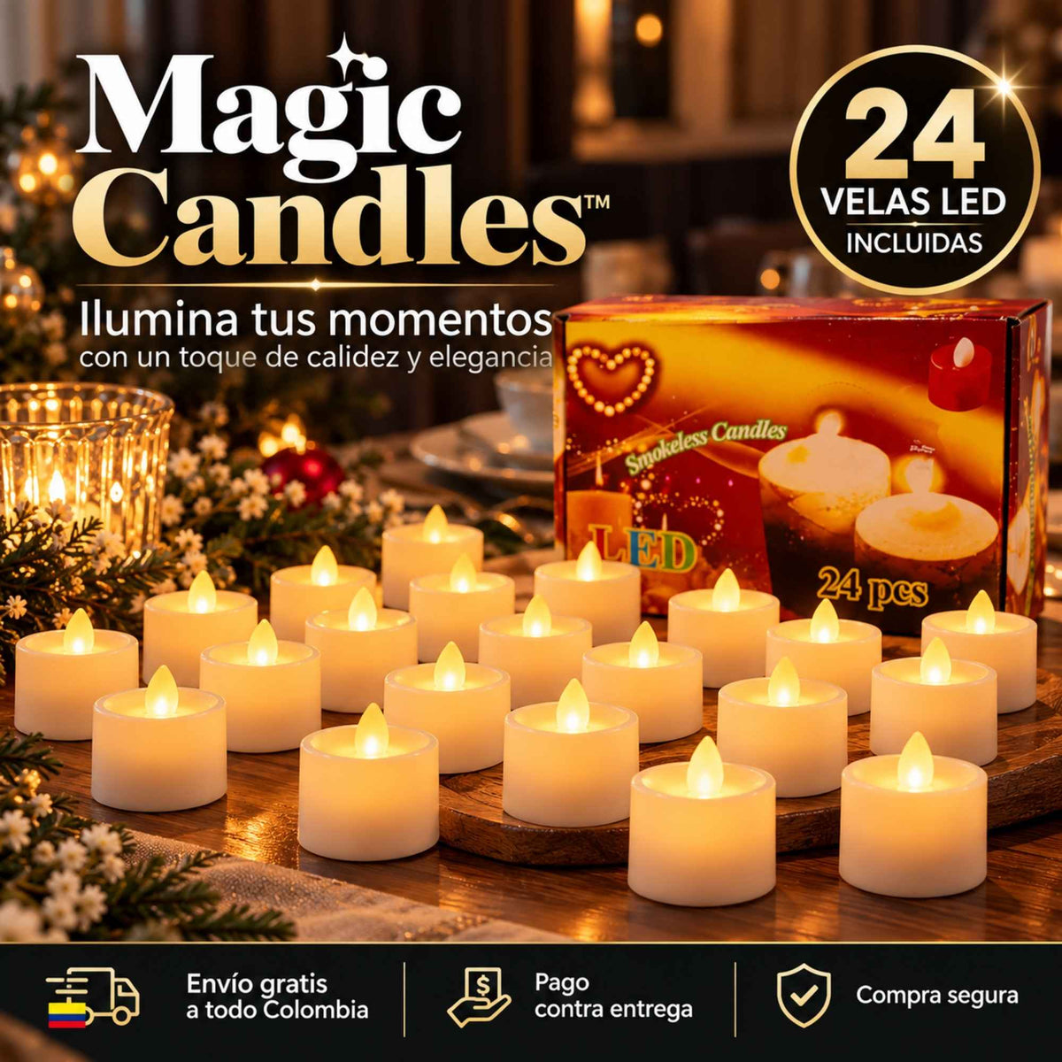 Magic Candles™ | Set de 24 Velas LED Decorativas con Luz Cálida