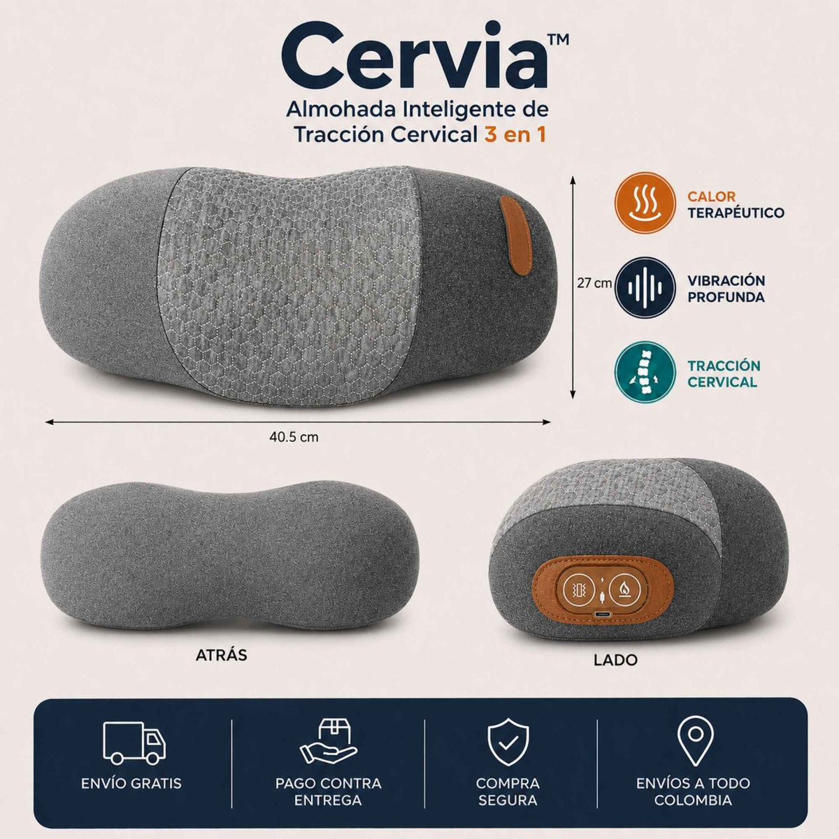 Cervia™ | Almohada Inteligente de Tracción Cervical 3 en 1 con Calor y Masaje.