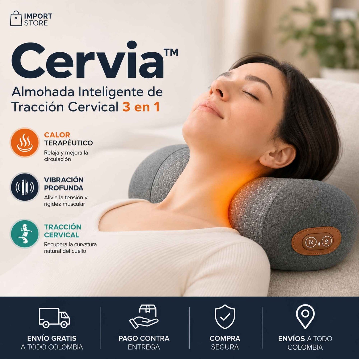 Cervia™ | Almohada Inteligente de Tracción Cervical 3 en 1 con Calor y Masaje.