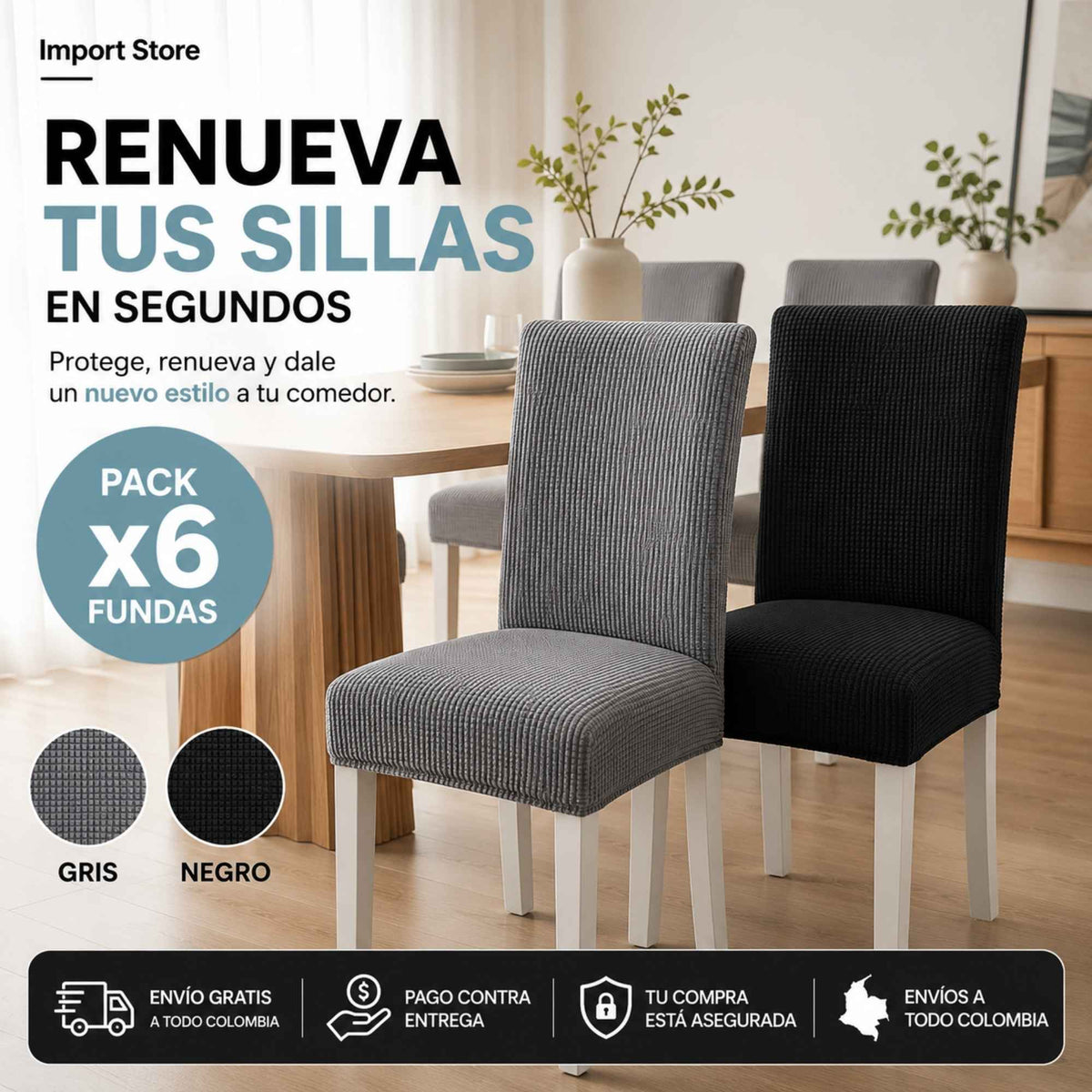 Renovahogar| Pack x6 Fundas Elásticas Lavables para Sillas de Comedor