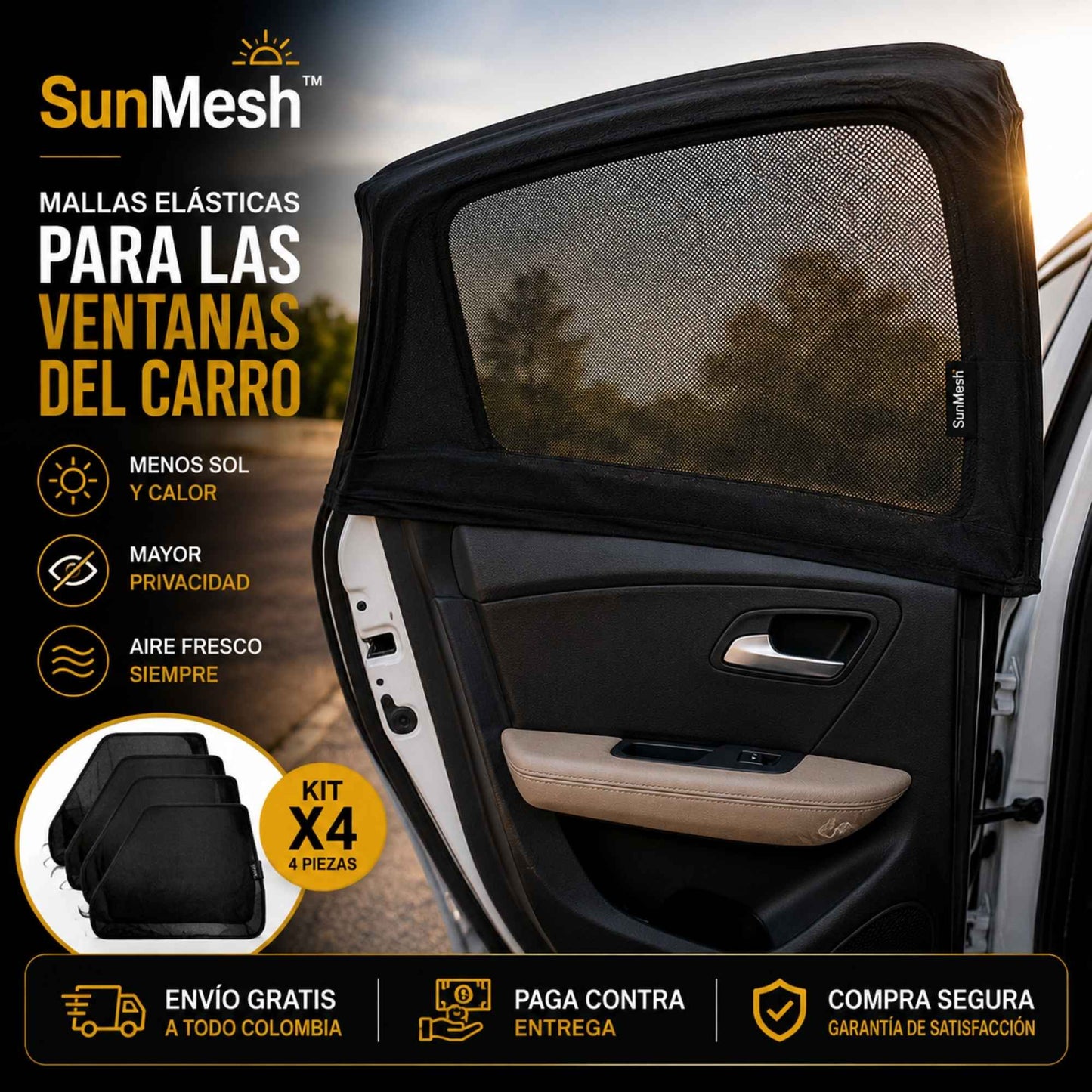 SunMesh™ – Kit x4 de Mallas Elásticas para las Ventanas del Carro