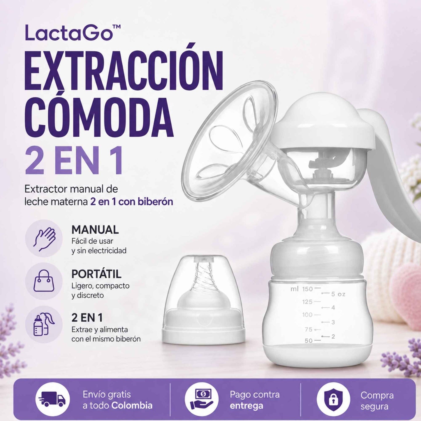 LactaGo™ – Extractor manual de leche materna 2 en 1 con biberón