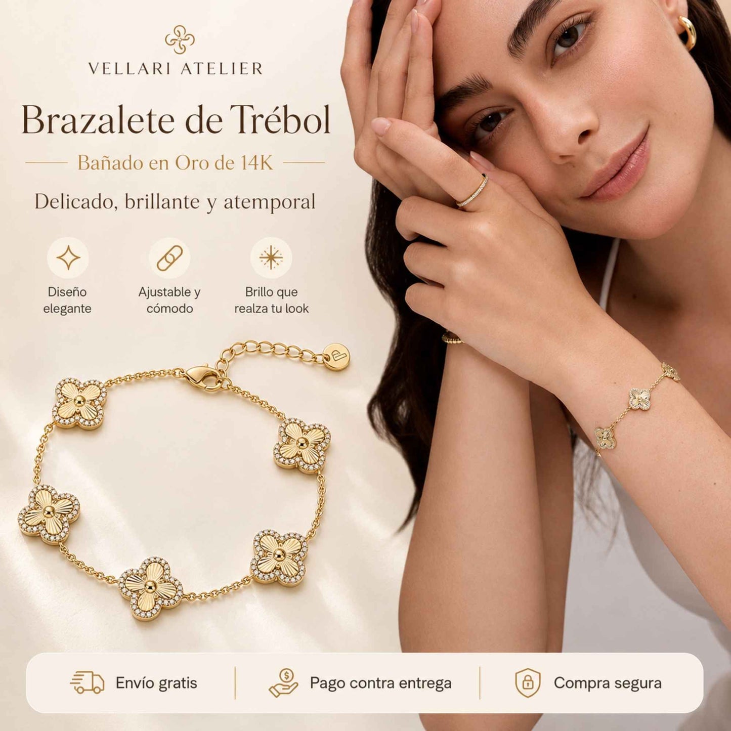 Vellari Atelier| Brazalete de Trébol chapado en Oro de 14K