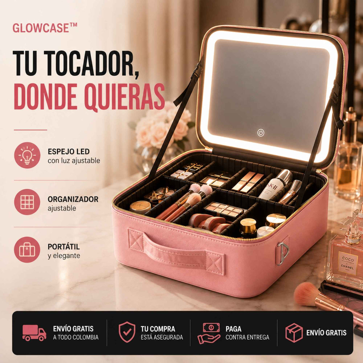 GlowCase™️ | Tu tocador portátil con espejo LED y organizador ajustable