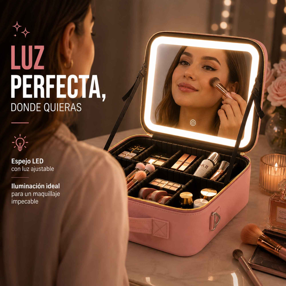 GlowCase™️ | Tu tocador portátil con espejo LED y organizador ajustable
