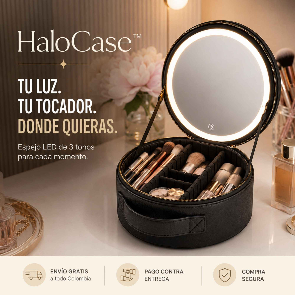 HaloCase™| Cosmetiquera de maquillaje con espejo LED recargable
