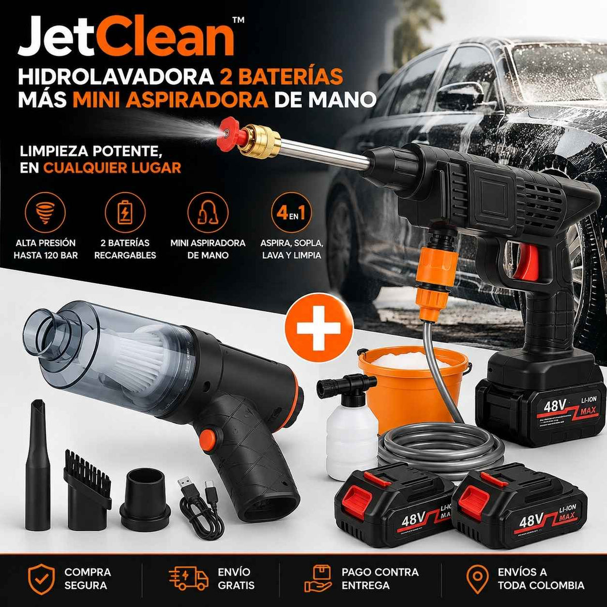 Kit JetClean™: Hidrolavadora Inalámbrica de Alta Presión Doble Batería + (Gratis) Mini Aspiradora Portátil 4en1.