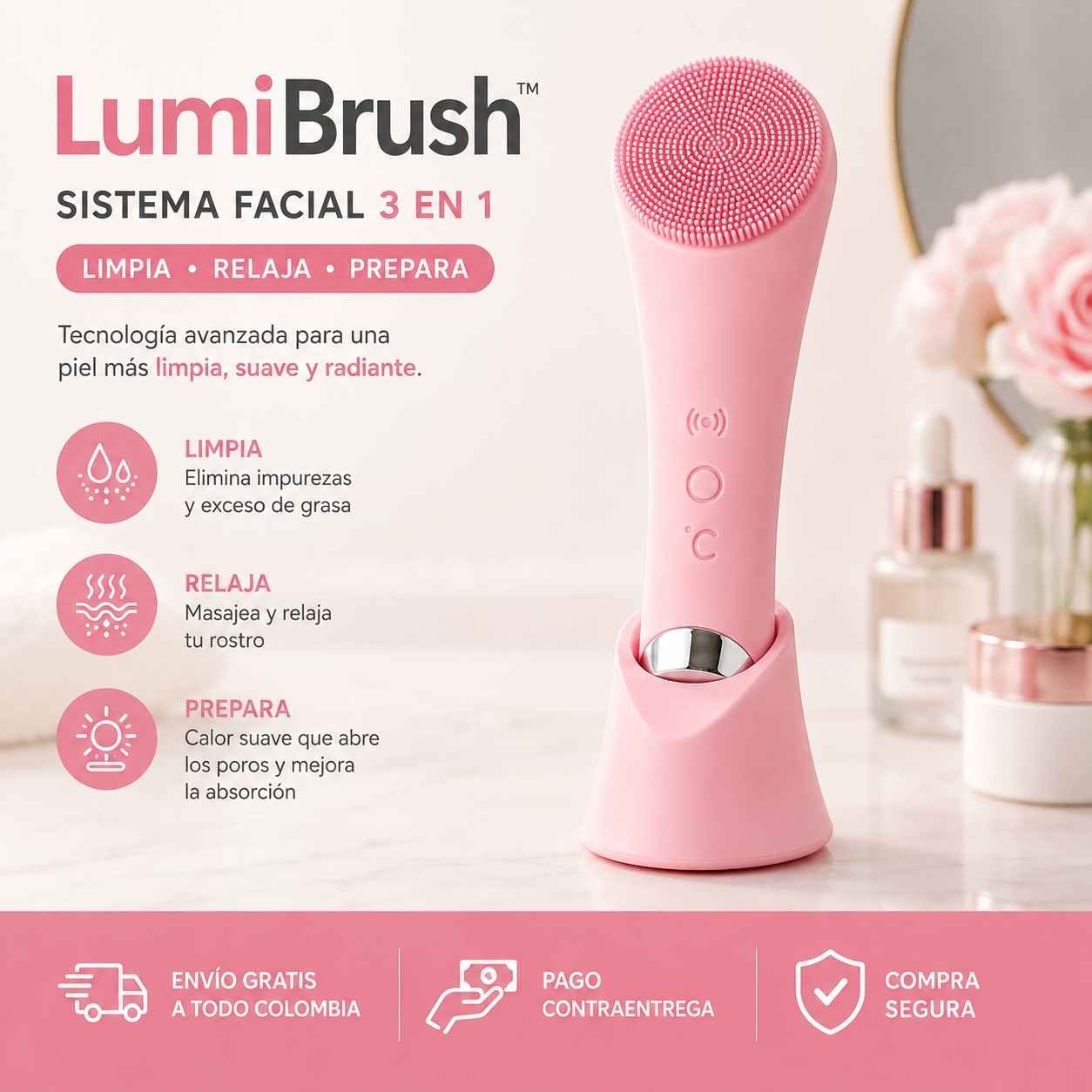 Cepillo Limpiador Facial Sónico 3 en 1 con Masajeador Térmico | LumiBrush
