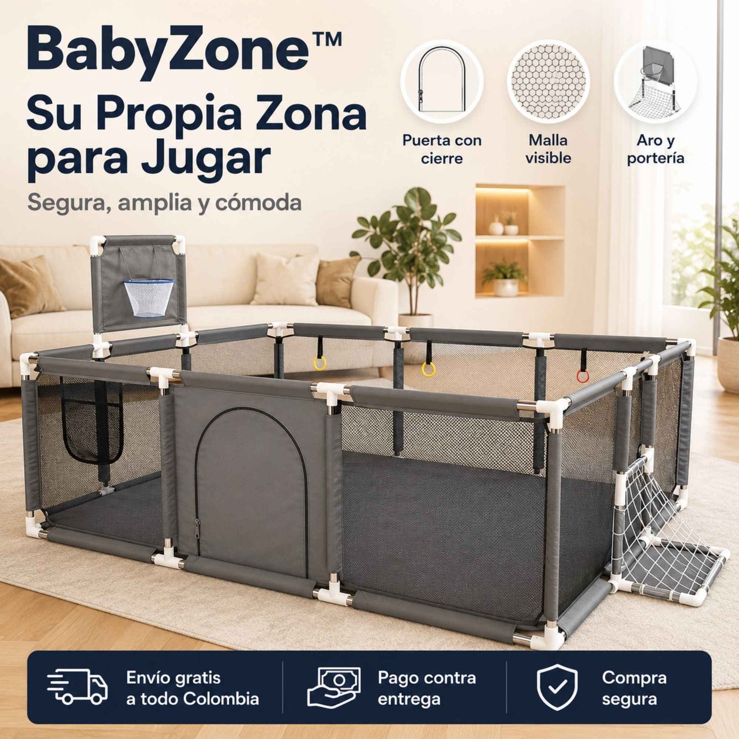 BabyZone™ | Corral de juego para bebés con malla transpirable y anillos de apoyo